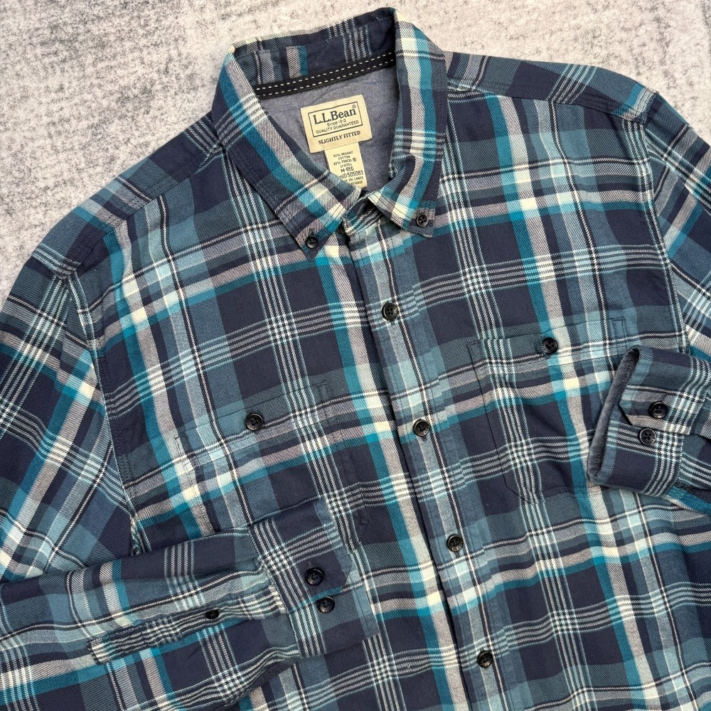 LL Bean Shirt Men Medium Blue Teal Plaid Flannel Button Down Stretch Lightweight